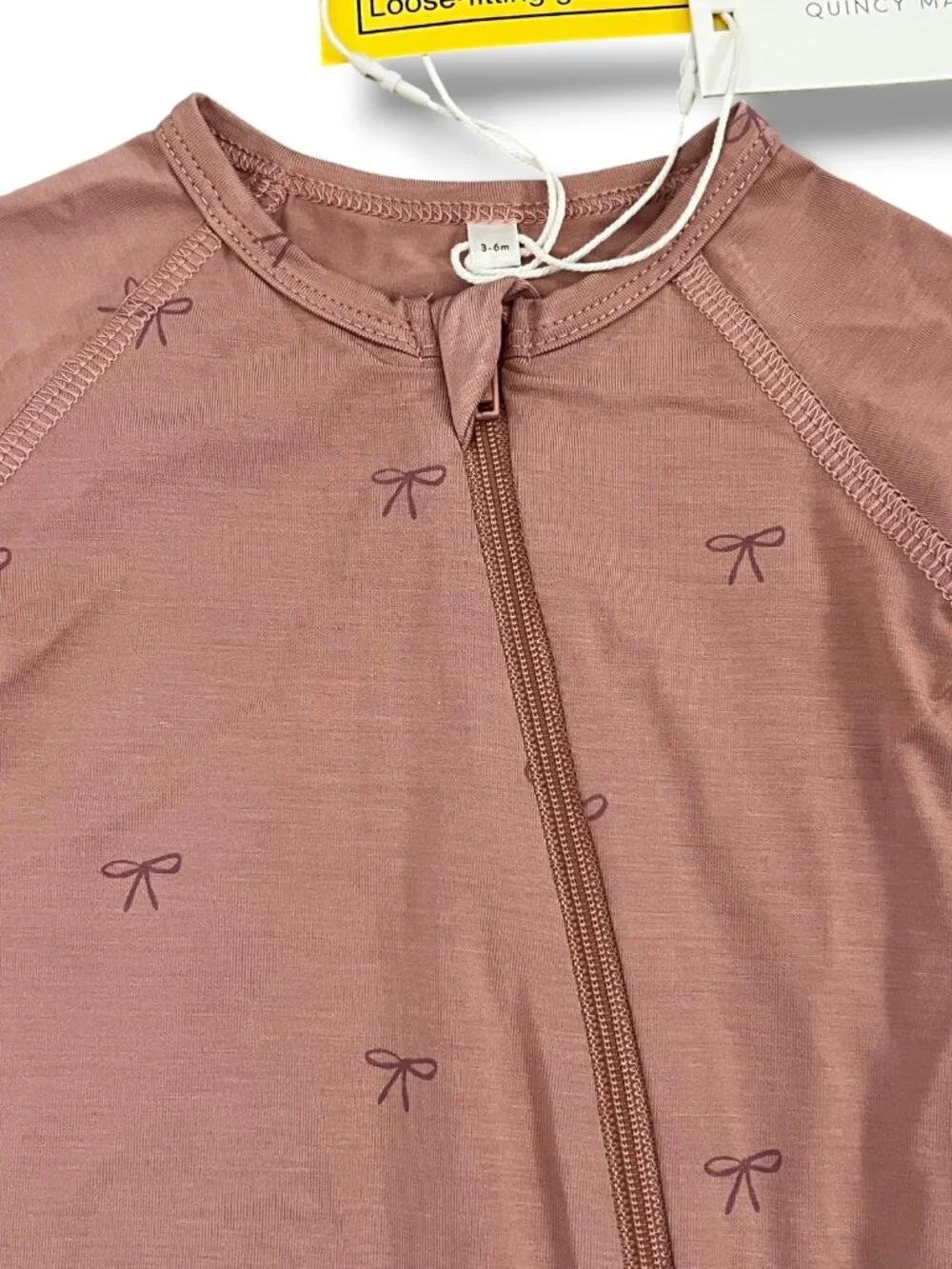 NWT Quincy Mae Bow Bamboo Zip Footie in Blush Pink Mauve Size 3-6M